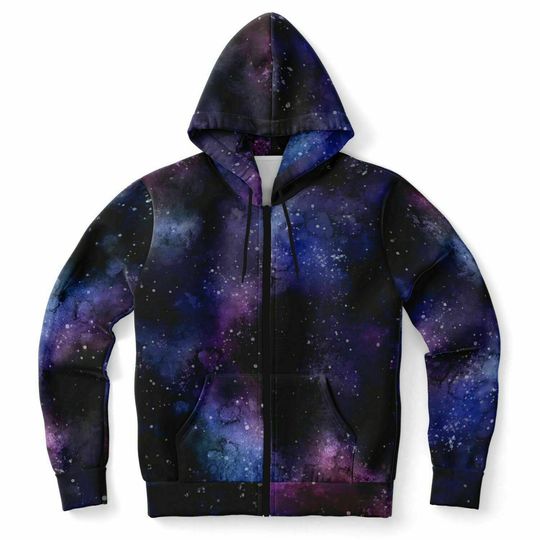 Discover Galaxy Space Zip Up Hoodie, Purple Stars Front Universe Zipper Pocket Men Women
