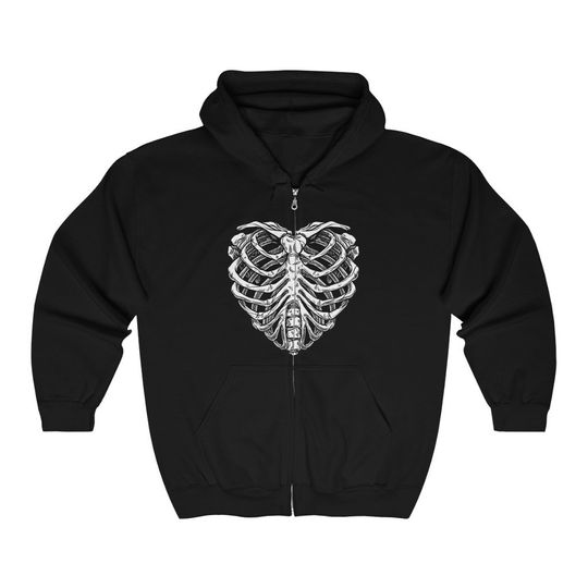 Discover Skeleton Heart Hoodie Zip Up, Skull Rib Cage Bones Halloween Gothic Y2K Full Zip Men Women