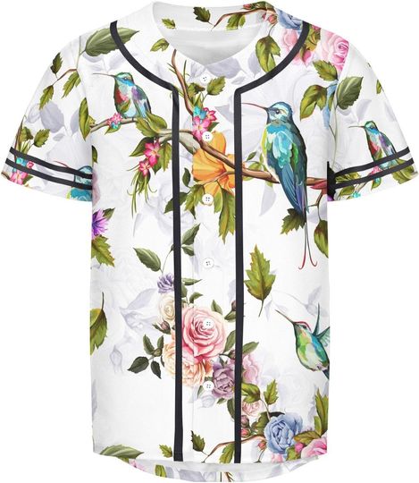 Discover Hummingbird Peony Chrysanthemum Rose Flower Men's Baseball Jersey