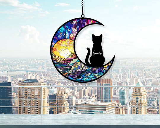 Discover Personalized Sleeping Cat On Moon Acrylic Windows Hangings, Cat Memorial Gifts