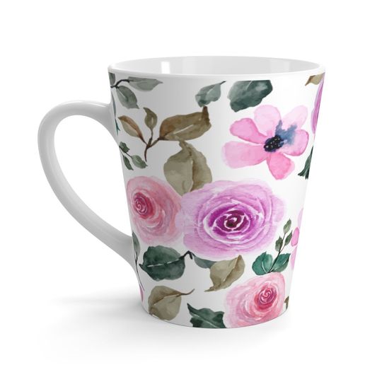 Discover Pink floral latte mug, small latte, cute, coffee