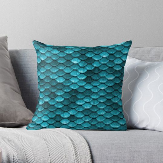 Discover Beautiful marine blue teal mermaid fish Scales Throw Pillow