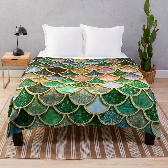 Discover Green and Gold Spring Metal Sparkle Faux Glitter Mermaid Scales Throw Blanket
