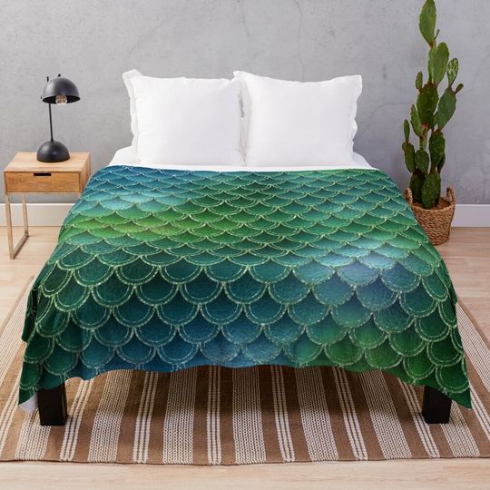 Discover Green Iridescent Silver Mermaid Dragon Scales Throw Blanket