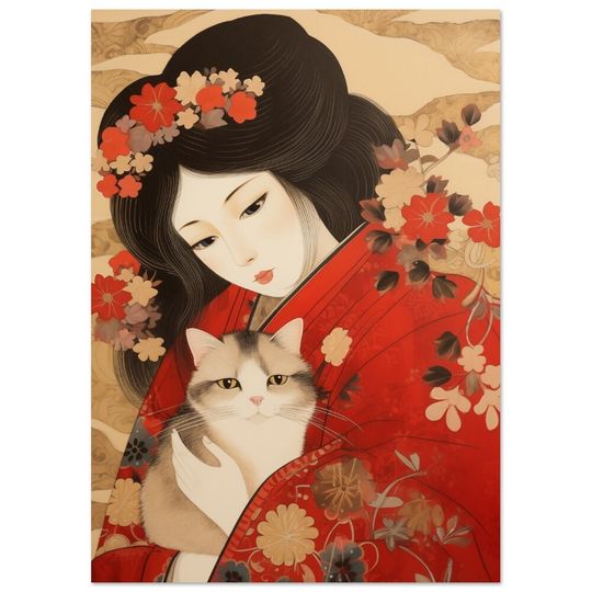 Discover Geisha and Cat Premium Matte Vertical Poster