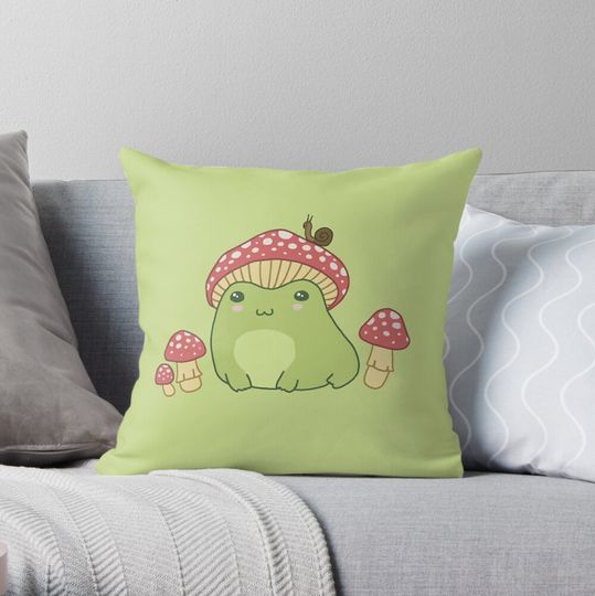 Discover Kawaii Frog with Mushroom Hat Throw Pillow