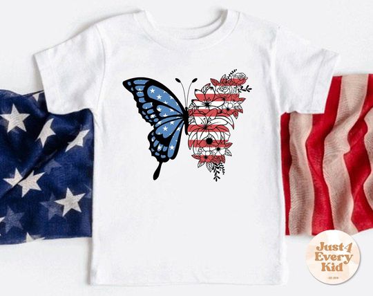 Discover USA Butterfly T-Shirt, Patriotic Toddler Girl Shirt, Memorial Day, Flag Shirt, Cute Vintage Baby Bodysuit, Floral Butterfly Tee, 4th of July