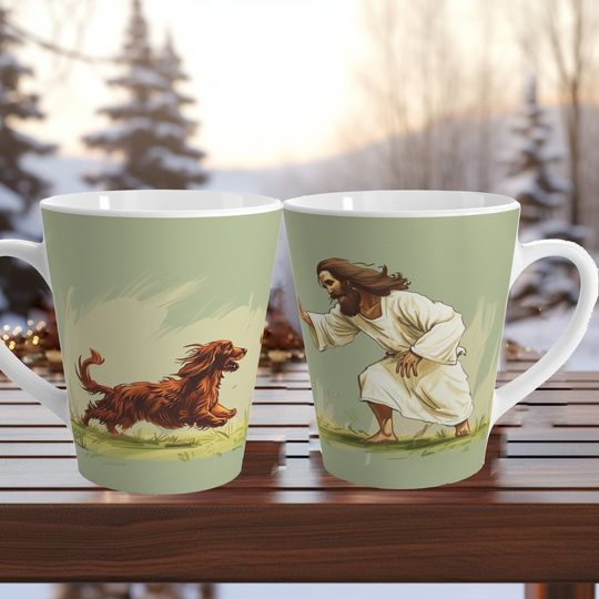 Discover Irish Setter Jesus Playing Fetch, 12oz Coffee Latte Mug