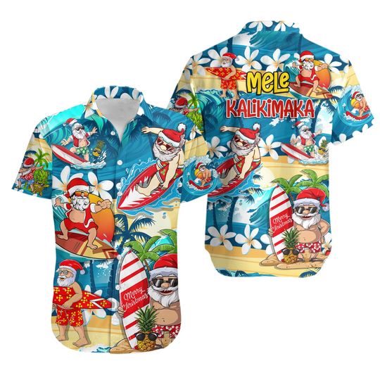 Discover Santa Claus Surfing On The Beach Mele Kalikimaka Christmas Hawaiian Shirt