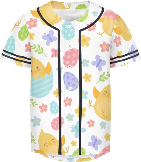 Discover Happy Easter Eggs Butterfly Men's Baseball Jersey Cute Chickens Spring Flowers