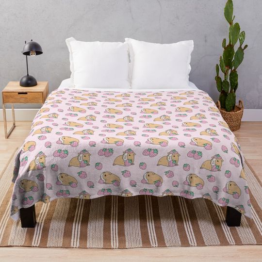 Discover Pink Guinea Pig and Strawberry Pattern Throw Blanket