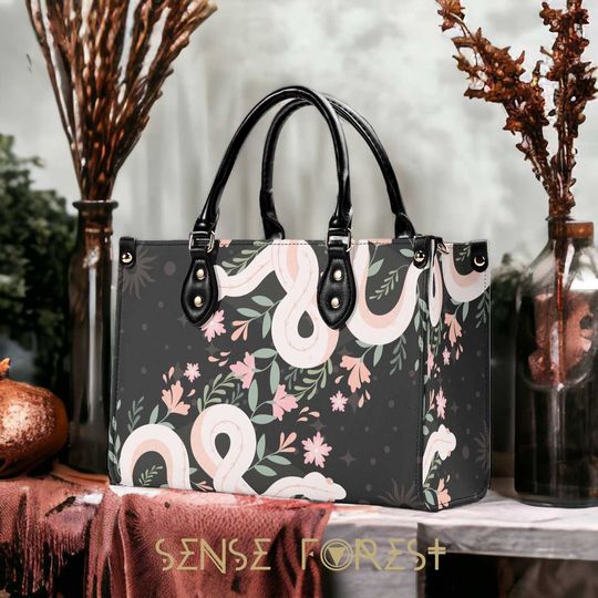 Discover Whimsical Boho Floral Pink Snake Dark Cottagecore top handles Vegan leather handbag