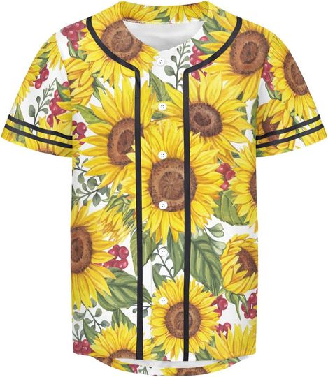 Discover Red Berry Yellow Sunflowers Men's Baseball Jersey Watercolor Leaves