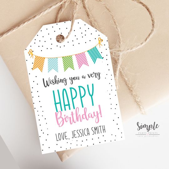 Discover Printable Happy Birthday Tag, Editable Cute Colorful Gift Label, Personalized Last Minute Favors