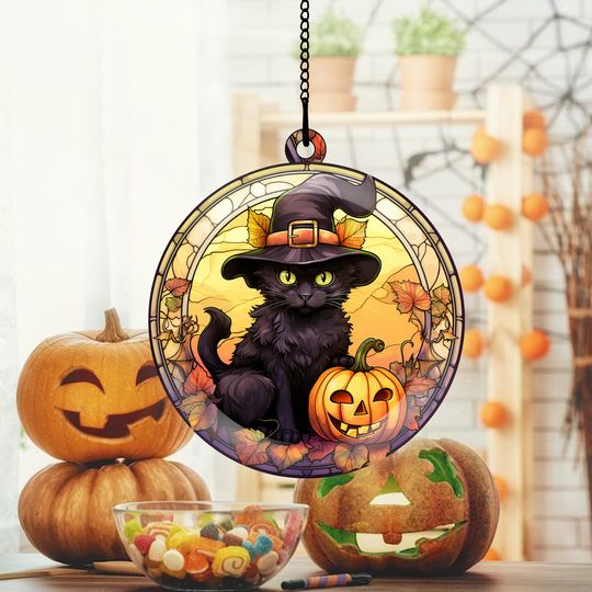 Discover New! Cat Halloween Stained Glass Ornament Horror Picture, Clear Acrylic Bat Ornament