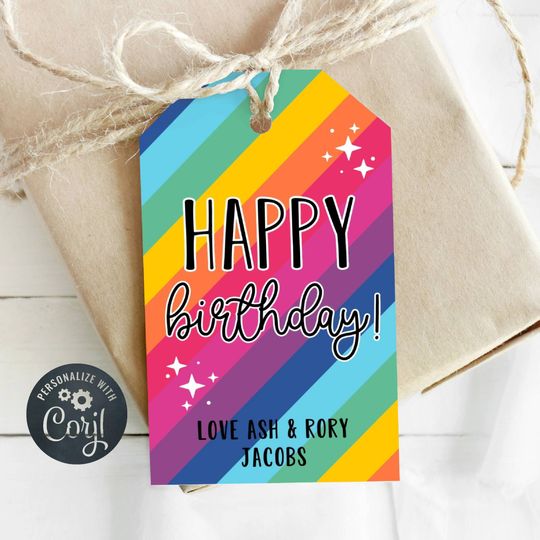 Discover Rainbow Happy Birthday Gift Tag Template, Printable Rainbow Stripes Birthday Favor Tag
