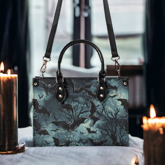 Discover Gothic nighty sky with flying bats top handles Vegan leather Tote purse handbag