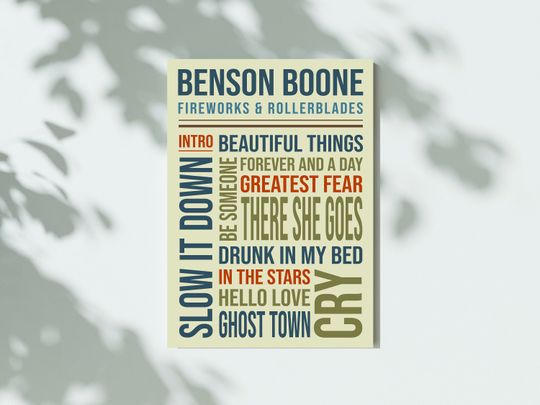 Discover Benson Boone Fireworks & Rollerblades Tracklist Poster, Benson Boone Fan Art