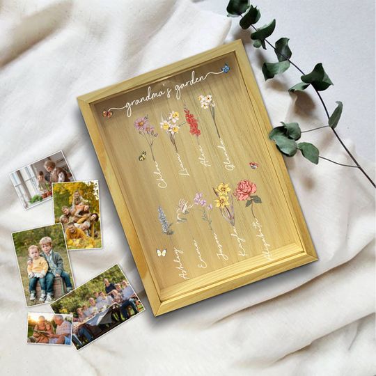 Discover Custom Grandma's Birth Month Flower Garden Wooden Large Keepsake Box With Photos