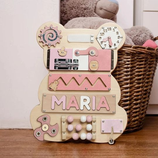 Discover Personalized Bear Busy Board For Toddlers, Custom Name Puzzle, Montessori Baby Toys, 1st Birthday Gift