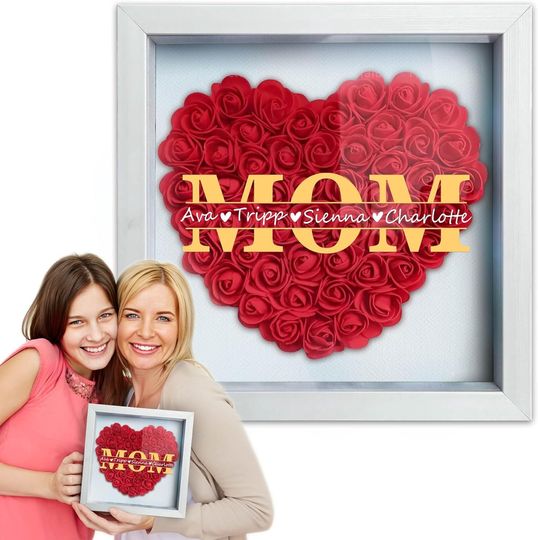 Discover Personalized Mom Flower Shadow Box with Name, Custom Heart Shaped Name