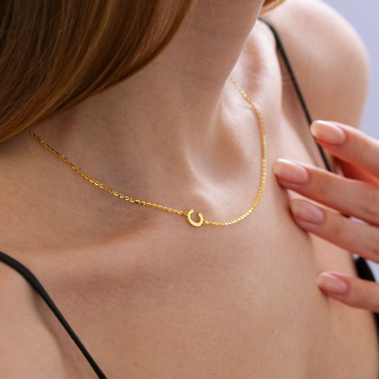 Discover 14K Solid Gold Sideways Initial Necklace, Minimalist Letter Necklace