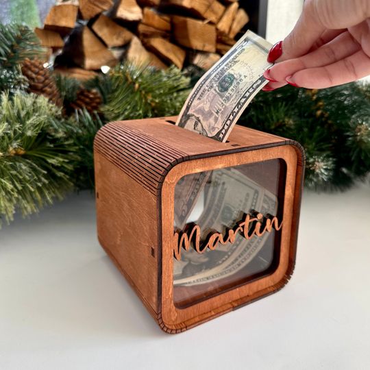 Discover Montessori Personalized Baby Piggy Bank, Wood Gift For Kids