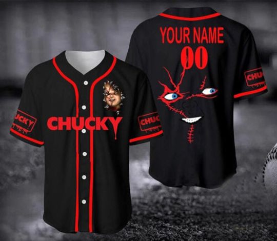 Discover Personalized Chucky Face Horror Movie Spooky Vibes Baseball Jersey Shirt