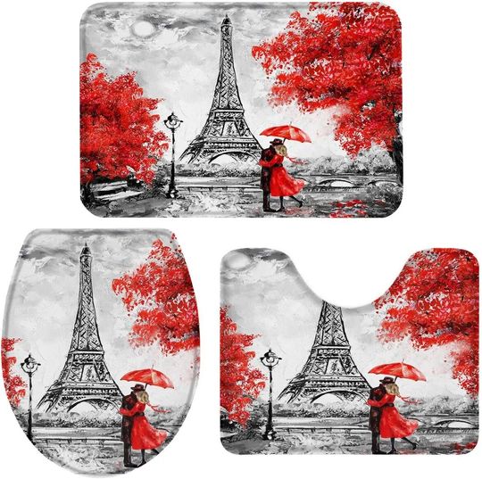 Discover 3 Pieces Bath Rug Set Toilet Seat Cover Embrace Paris Eiffel Tower Red Maple