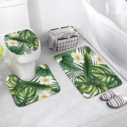 Discover Tropical Leaves Bath Mat Set Green Palm Leaf Monstera White Flower Plants