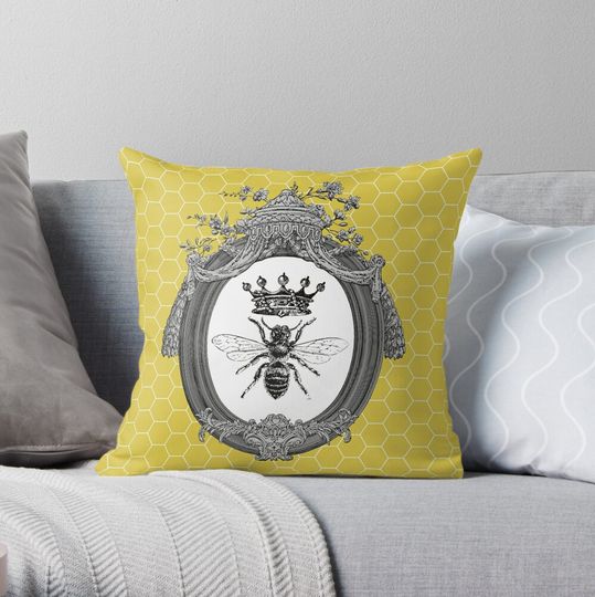 Discover Queen Bee | Vintage Honey Bees | Honeycomb Patterns Throw Pillow