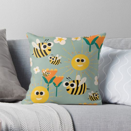 Discover Happy bees Blue Throw Pillow