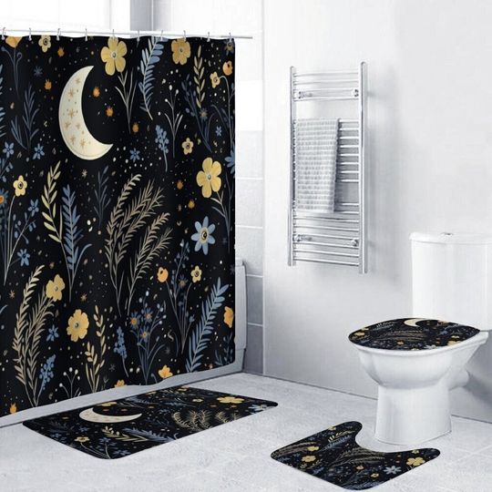 Discover Moon Flower Bathroom 4 Piece Set, Shower Curtain Set