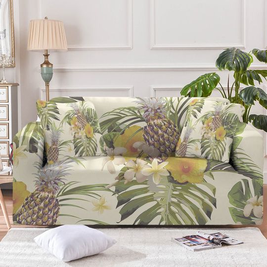 Discover Tropical Couch Cover, Sofa Slipcover, Palm Tree Leaves and Hibiscus Flowers