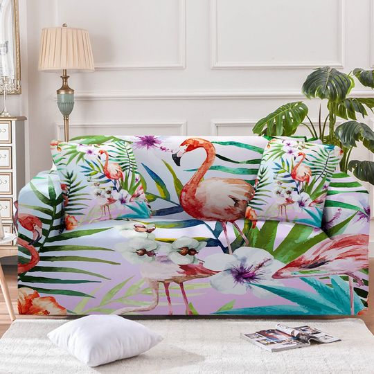 Discover Tropical Couch Cover, Flamingo Sofa Slipcover, Orchid Flowers Palm Leaves