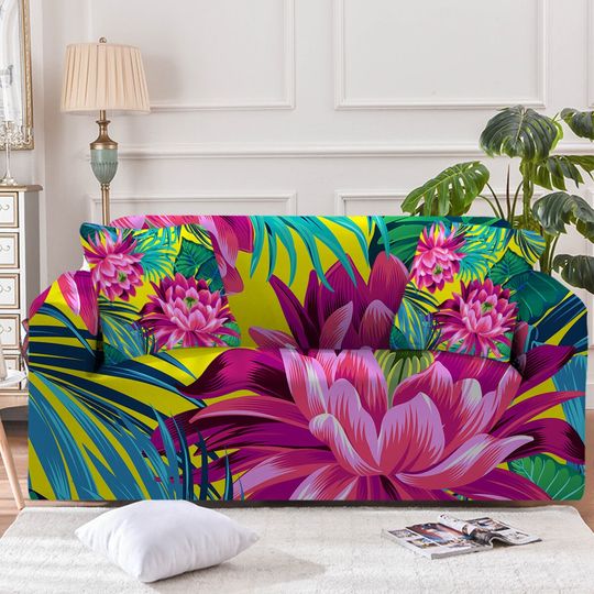 Discover Tropical Couch Cover, Floral Sofa Slipcover, Pink Flowers Green Leaves Armchair