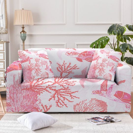 Discover Couch Cover with Sea Turtles and Red Coral, Nautical Sofa Slipcover
