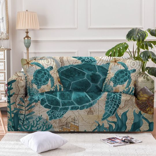 Discover Sea Turtle Couch Cover, Nautical Sofa Slipcover, Beach Ocean Theme Furniture Protector