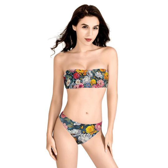 Discover Flower Two Piece Bandeau Strapless Bikini Swimsuit