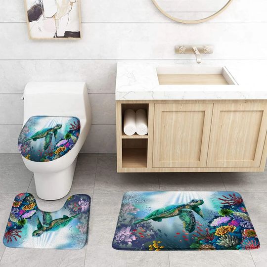 Discover Cartoon Dolphin Marine Animals Fish Coral Ocean Print Bathroom Rug Shower Curtain Bath Mat Non Slip Toilet Lid Cover