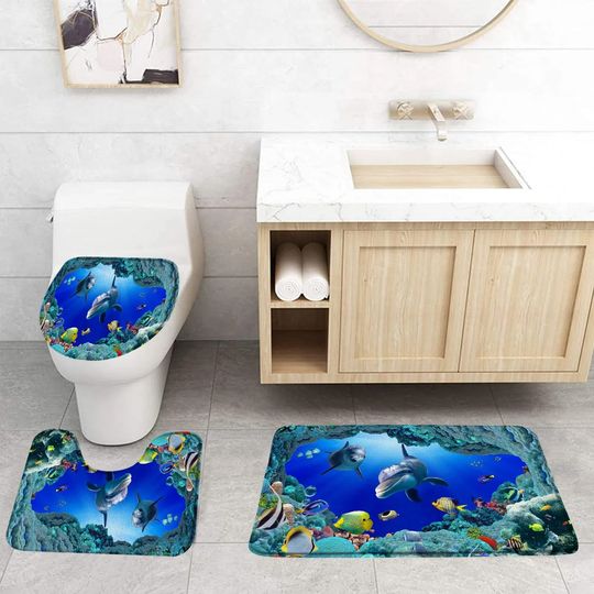 Discover Cartoon Dolphin Marine Animals Fish Coral Ocean Print Bathroom Rug Shower Curtain Bath Mat Non Slip Toilet Lid Cover