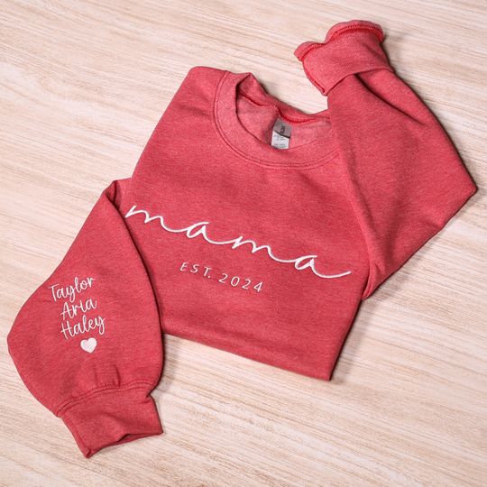 Discover Custom Mama Embroidered Sweatshirt, Personalized Mom Hoodie With Kids Names Sleeve, Mothers Day Gift