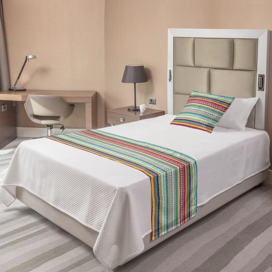 Discover Lunarable Ethnic Bed Runner, Doodle Style Colorful Stripes with Circles Triangles and Arrow Timeless Art
