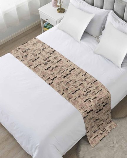 Discover Brown Coffee Vintage Abstract Coffee Bean Cups Words Bed Runner