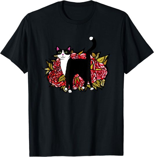 Discover Tuxedo Cats Roses Kitty Cat Flower Garden T-Shirt
