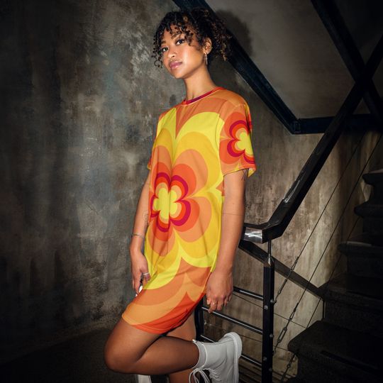 Discover T-Shirt Dress For Women, Funky Exploding Sunny Flower Design