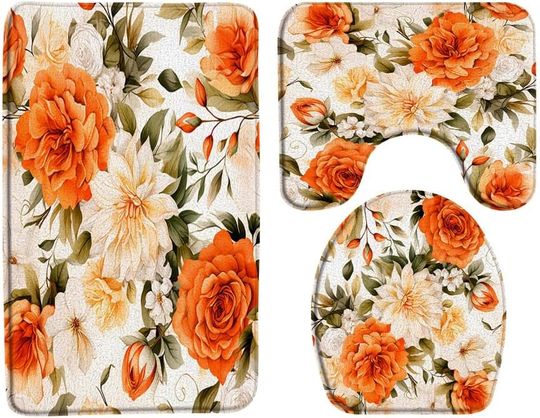 Discover Orange White Floral Vintage Flower Blossom Rustic Leaves Watercolor Botanical Toilet Seat Set