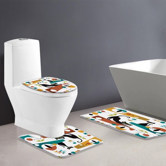 Discover 3 Piece Mid Century Black Cat Bath Mat, Teal Orange Modern Atomic Starbursts Geometric Toilet Seat Set