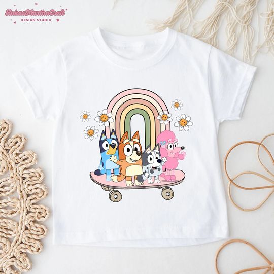 Discover Rainbow Skateboard BlueyDad TShirt, Bingo Muffiin Shirt, Blue Dog Characters