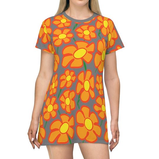 Discover Orange Flower Pattern on Dark Gray Women's T-Shirt Dresses